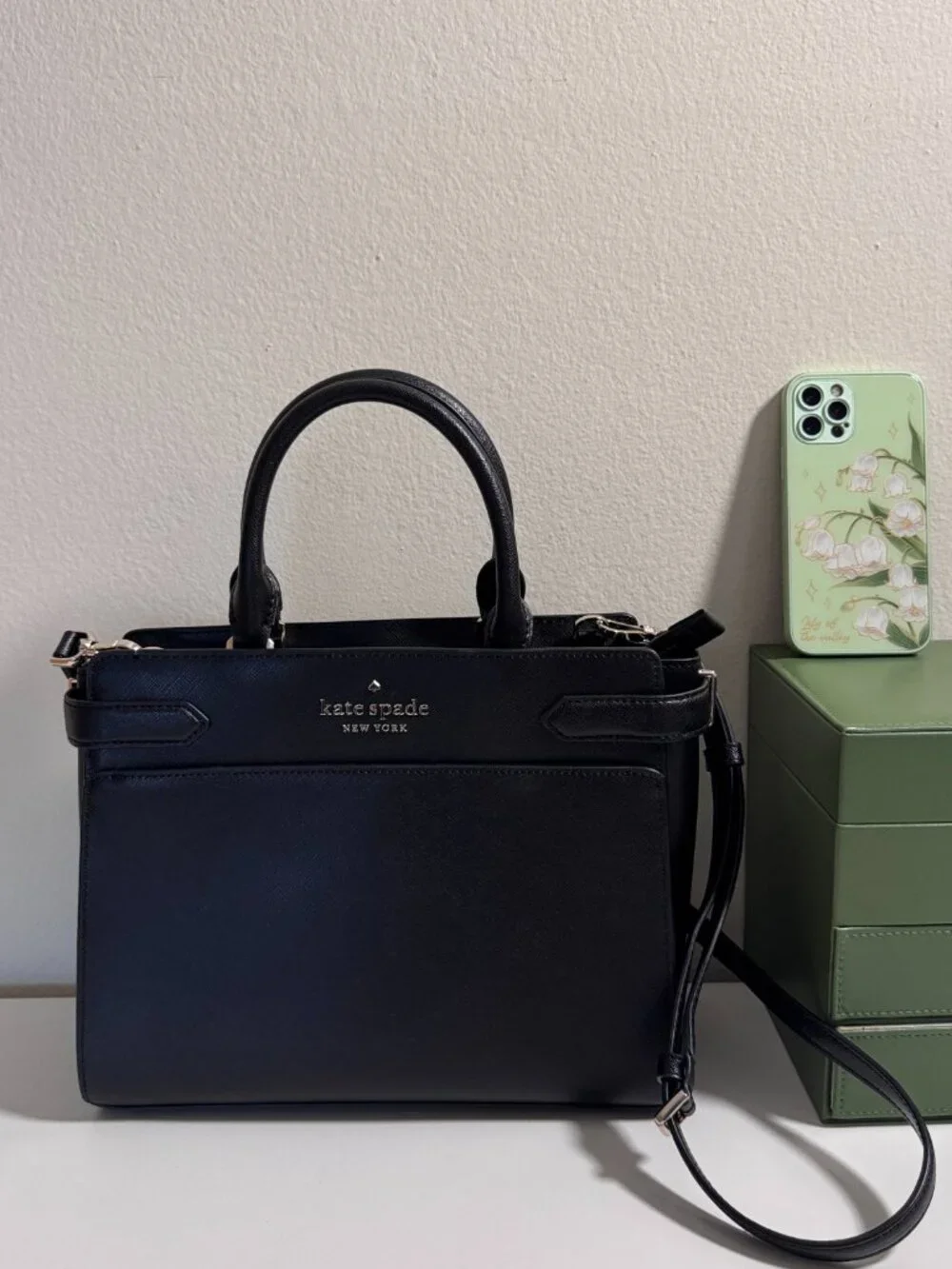 Kate Spade Black Saffiano Leather Satchel Crossbody Handbag with Strap
